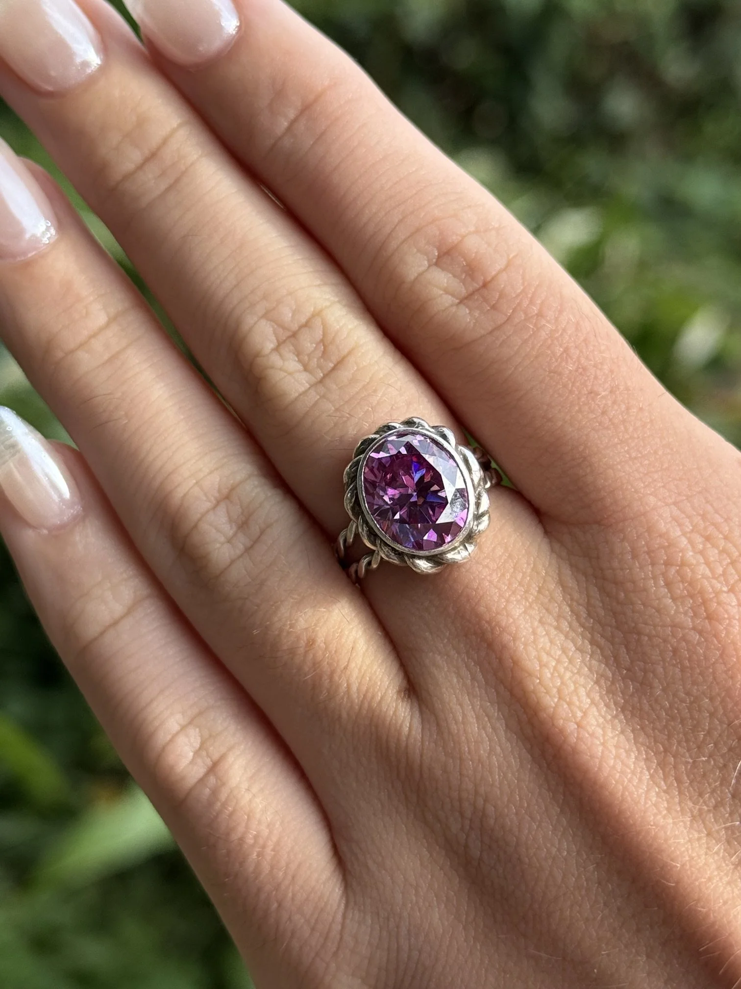 Oval Purple Lab Diamond Twisted Halo Ring