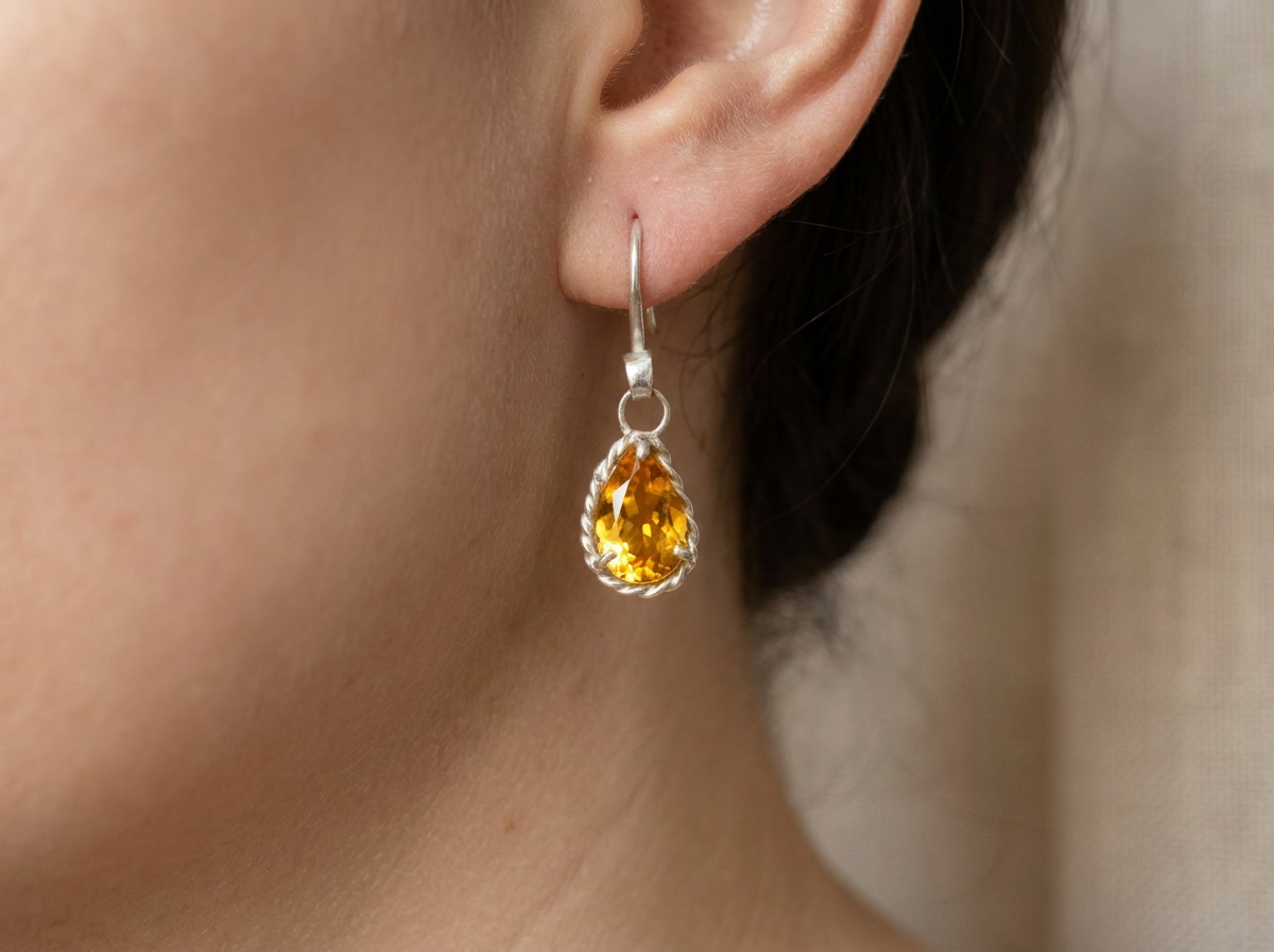 Lemon Citrine Teardrop Earrings in Argentium Silver
