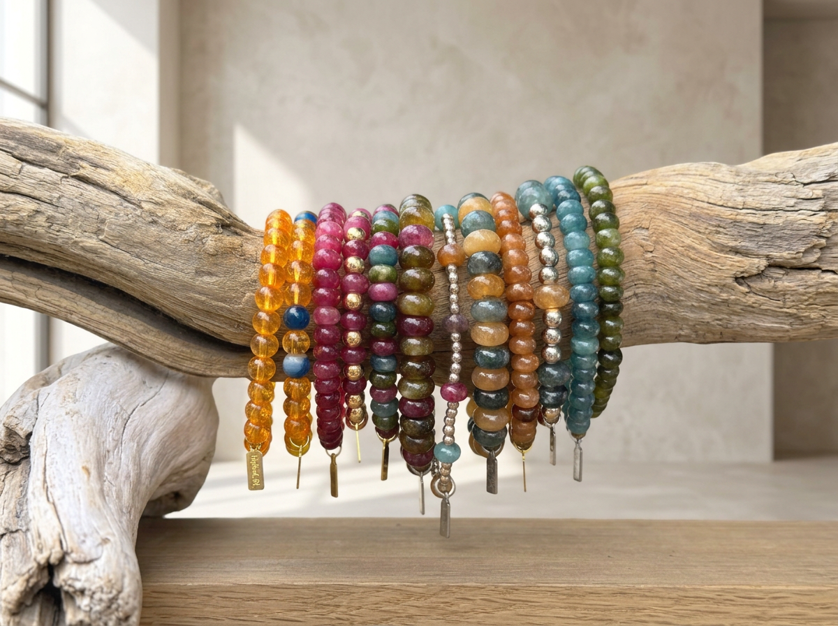 Colorful beaded bracelets hanging on a piece of driftwood.