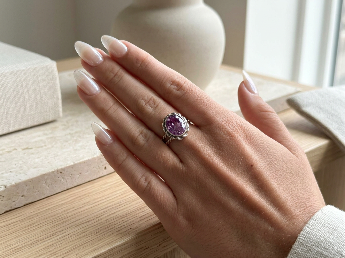A hand with a ring featuring a large purple gemstone, with neatly manicured nails, resting on a light-colored surface near a window.