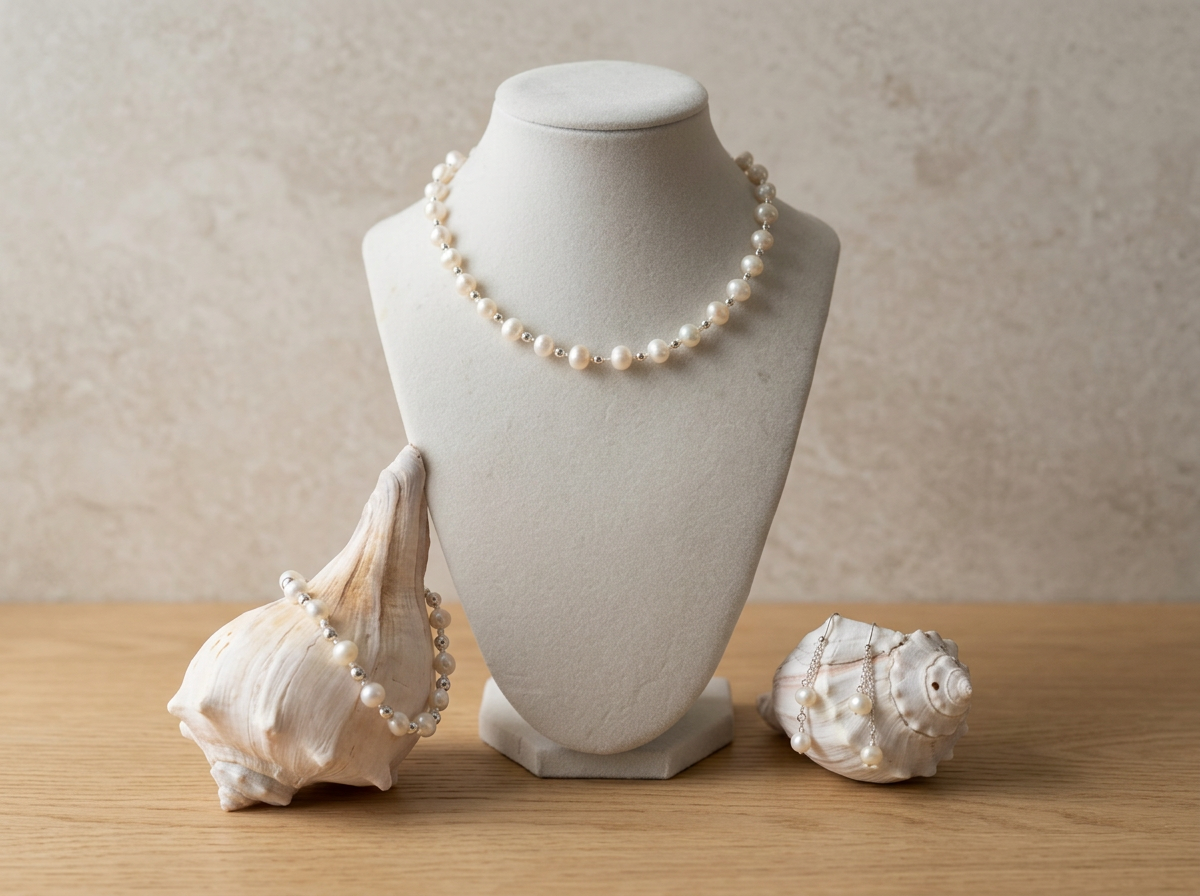 Pearl jewelry set including a necklace, bracelet, and earrings reimagined from an old string of pearls that had lost their lustre