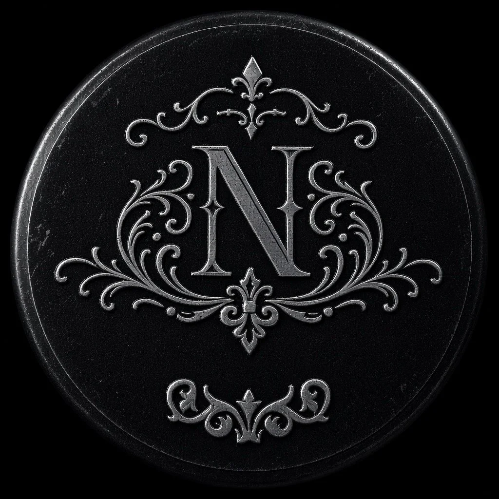 A black coin with ornate silver design featuring a large letter 'N' in the center.