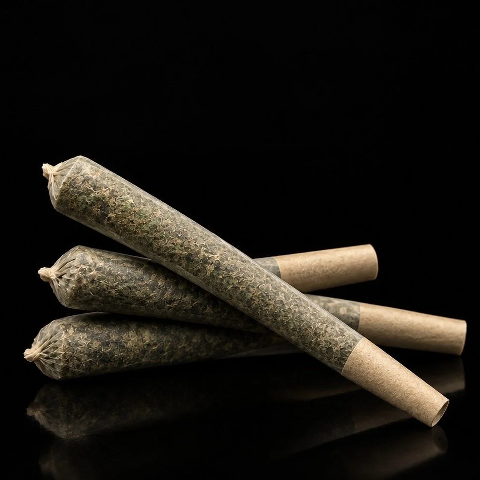 Three joints filled with cannabis resting on a reflective black surface.