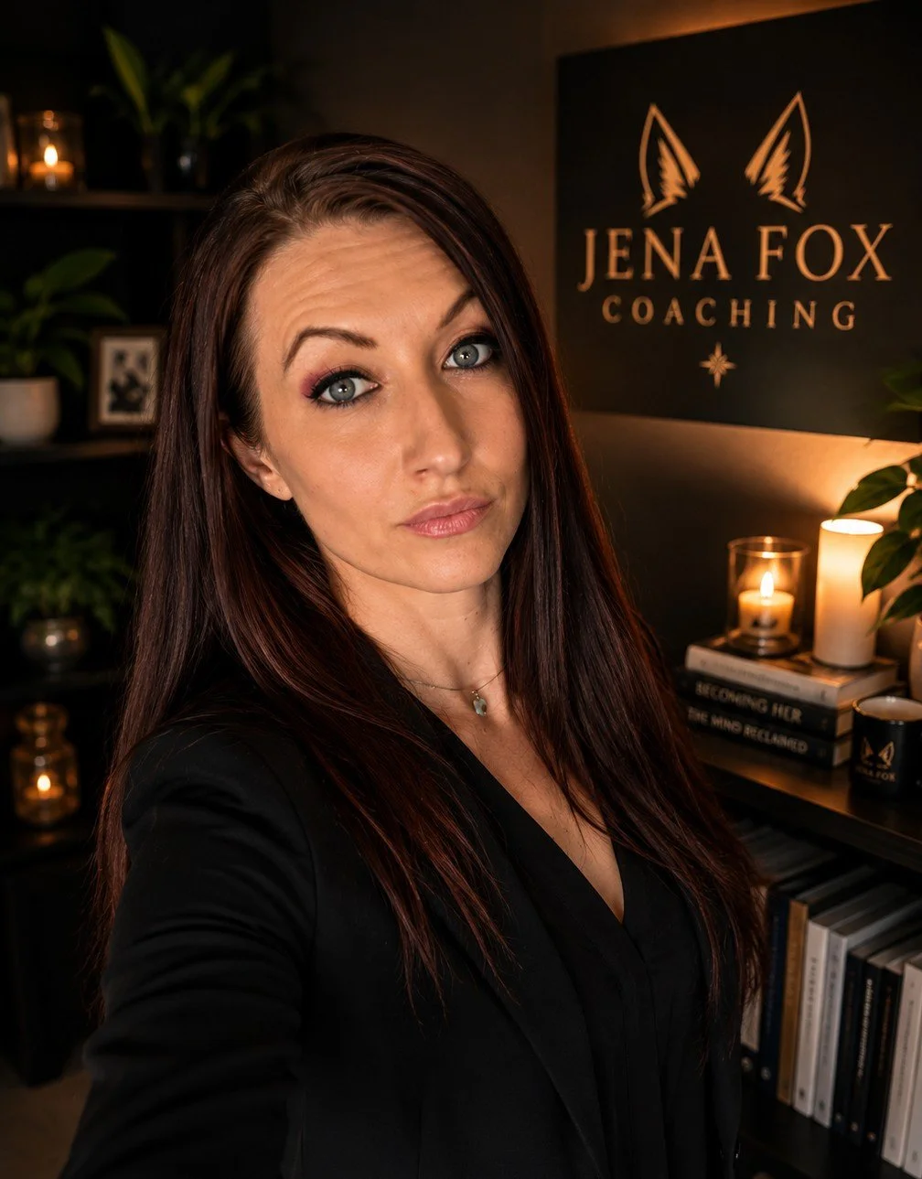 A woman with long brown hair and light blue eyes standing in front of a sign for Jena Fox Coaching, surrounded by candles, books, and plants in a dimly lit room.