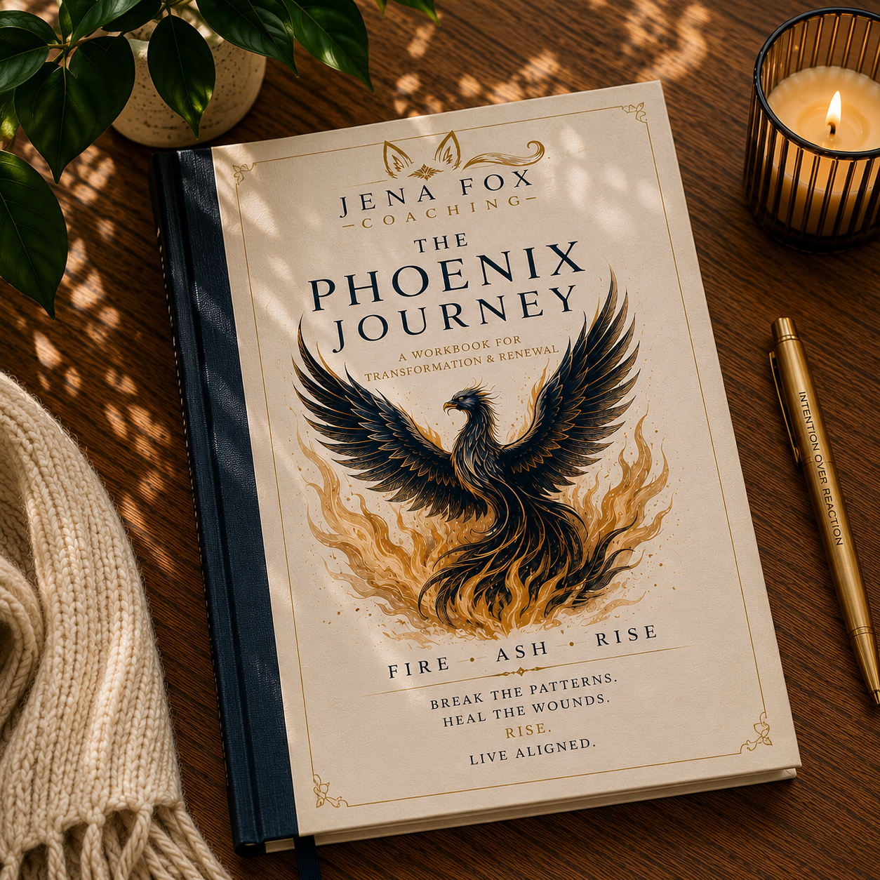 A workbook titled 'The Phoenix Journey' by Jena Fox Coaching is placed on a wooden surface next to a lit candle in a black holder, a gold pen, a green potted plant, and a beige knitted cloth.