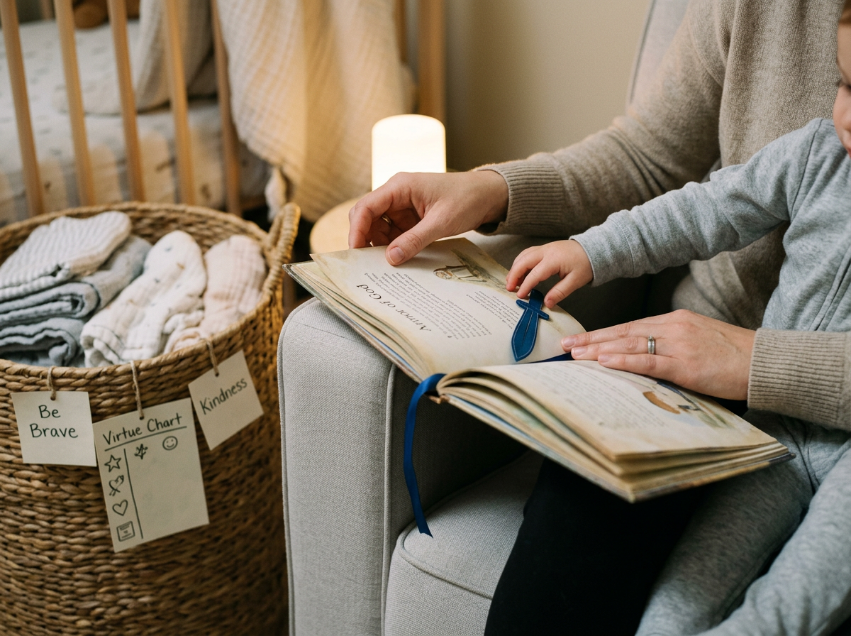 A person reading a children's book to a child sitting on their lap, with a wicker basket full of folded cloths or washcloths nearby on a table.