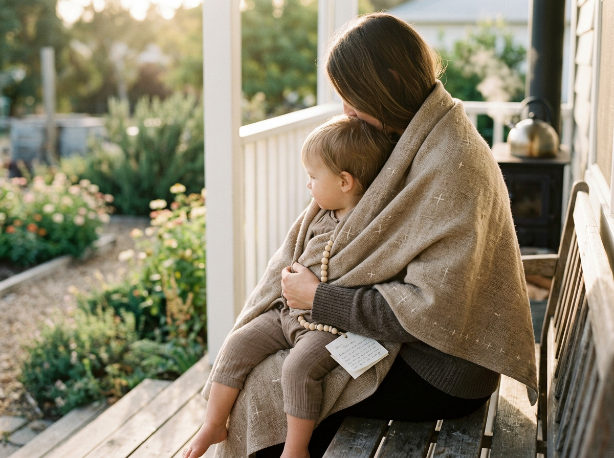 A woman holding a young child wrapped in a blanket on a porch during sunset, with a garden in the background.