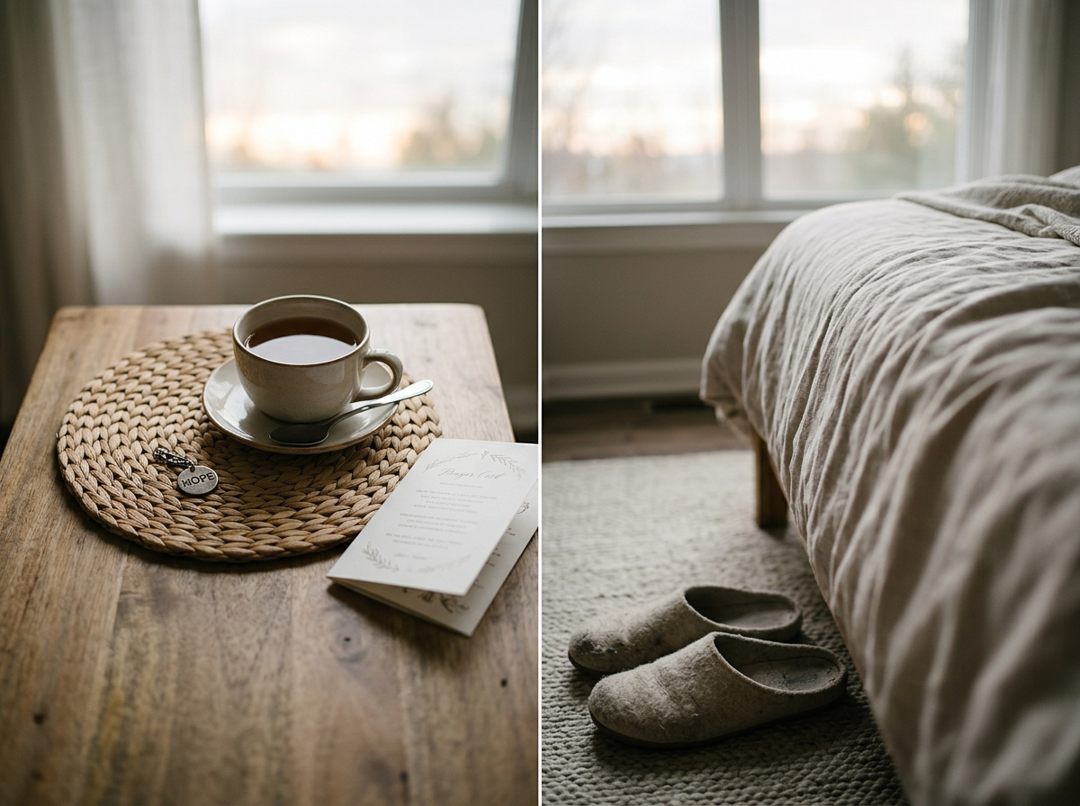 A cozy bedroom with a wooden bed and slippers on a rug, a large window with sheer curtains, and soft natural light.
