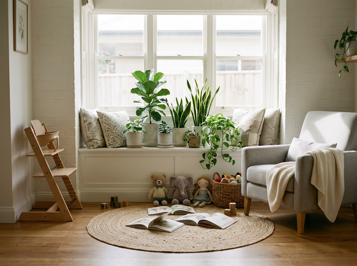 Cozy nursery or playroom with a window seat filled with plants, plush toys, open books, and wooden blocks, with a white armchair draped with a blanket on the right and a wooden high chair on the left.