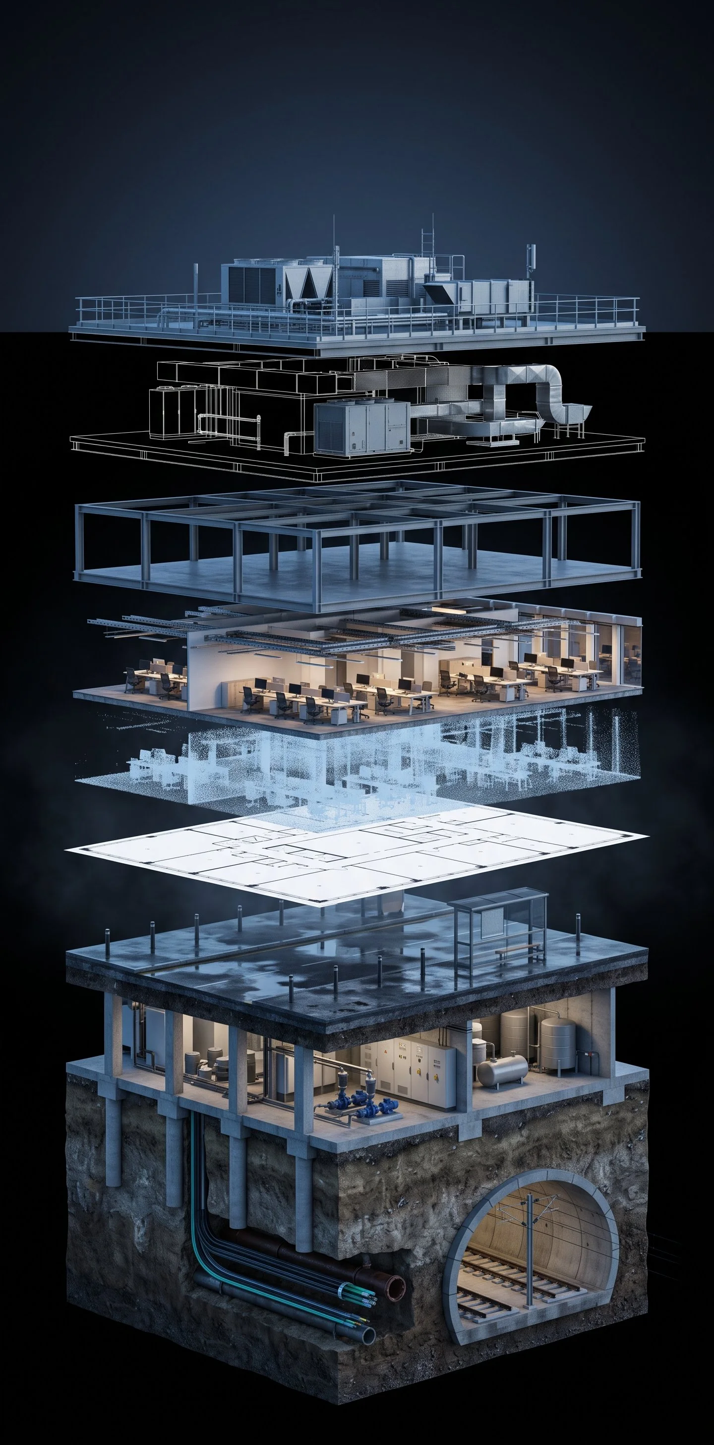 A vertical cross-section of a multi-story underground infrastructure with various mechanical and electrical systems, including an office area, technical rooms, tunnels, and utility pipes.