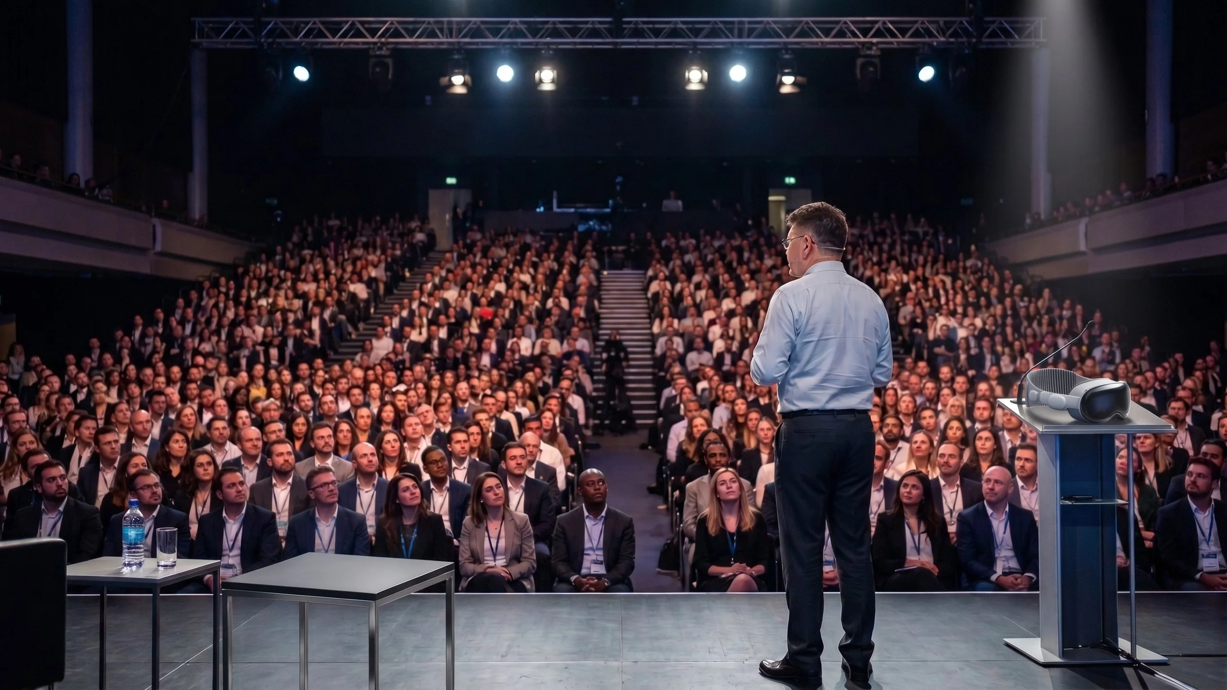 A speaker on stage facing a large audience in a conference hall, with a headset microphone on, a headset on a table, and a water bottle visible.