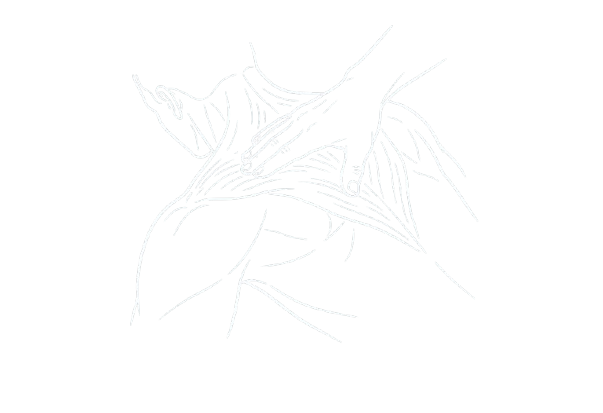 Line drawing of hands massaging shoulders against a black background.