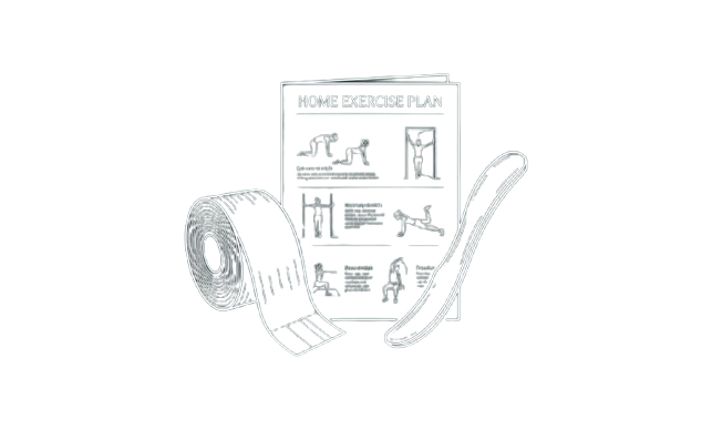 Illustration of a home exercise plan, a roll of tape, and an exercise band on a black background.