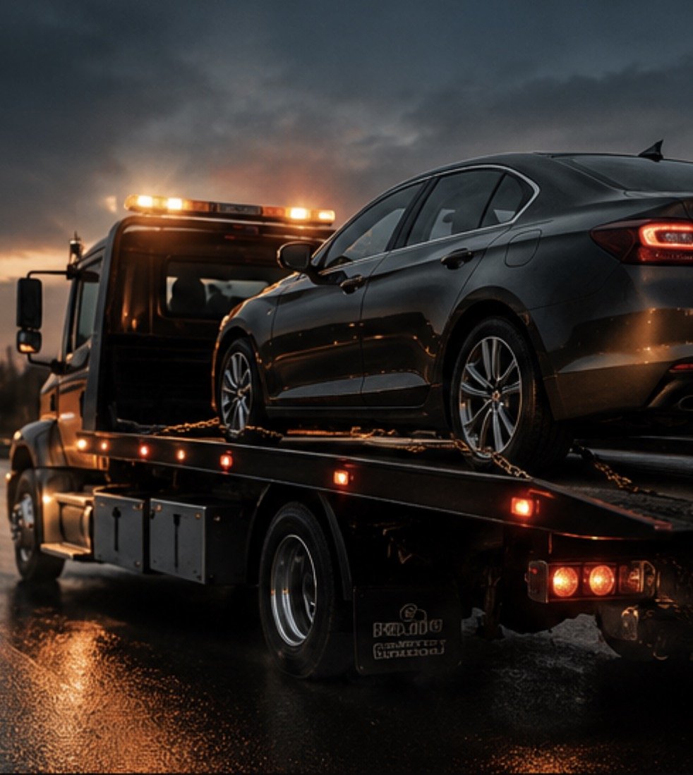 Black sedan car being transported on a flatbed tow truck at dusk, with stormy clouds and wet road surface.