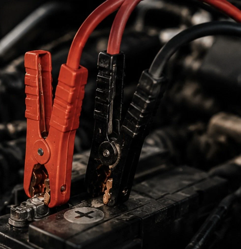 Car battery with red and black jumper cables attached