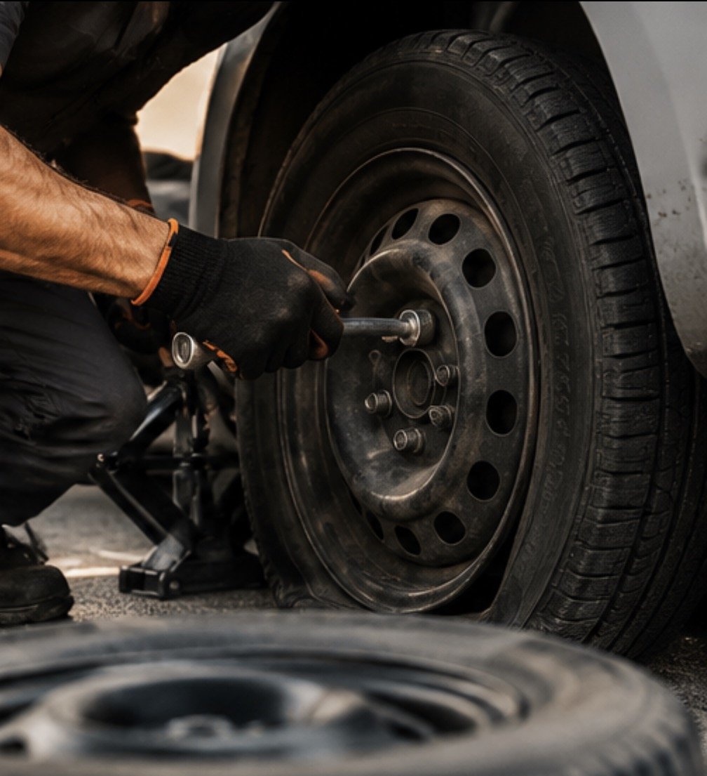 A person changing a flat tire on a vehicle, using a wrench to tighten lug nuts.