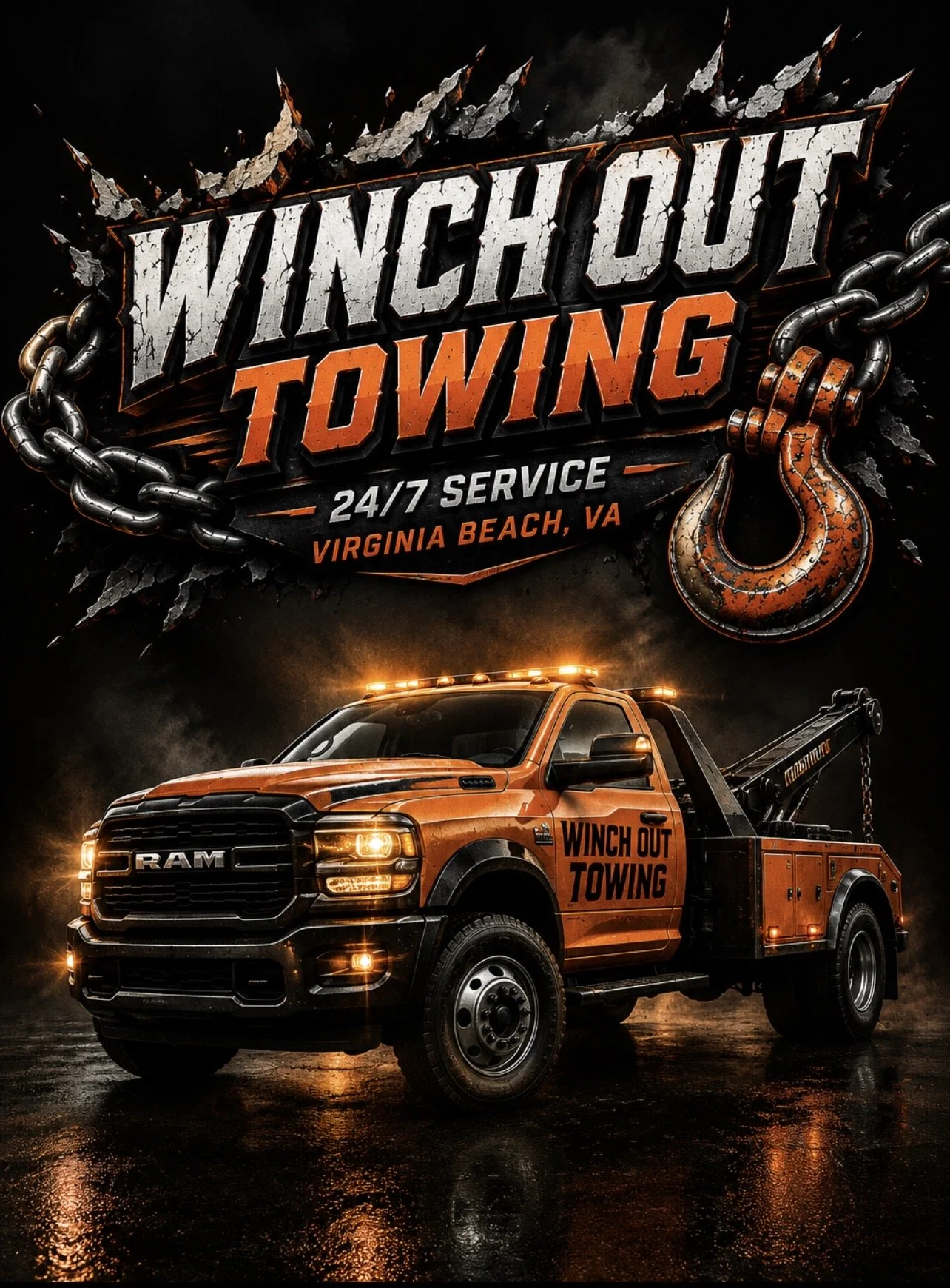 A bright orange RAM tow truck with the text 'Winch Out Towing' on the side, parked on a wet surface with reflections and a dark cloudy sky, advertising 24/7 towing service in Virginia Beach, VA.