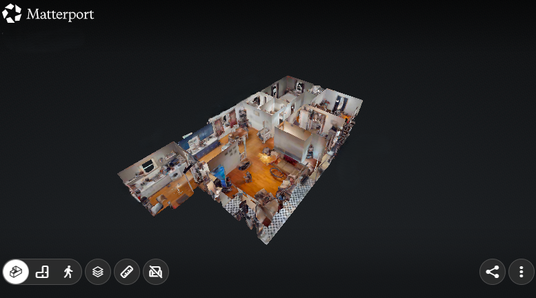 3D interior view of a residential home showing multiple rooms including a living area, kitchen, dining room, and bedrooms with various furniture.