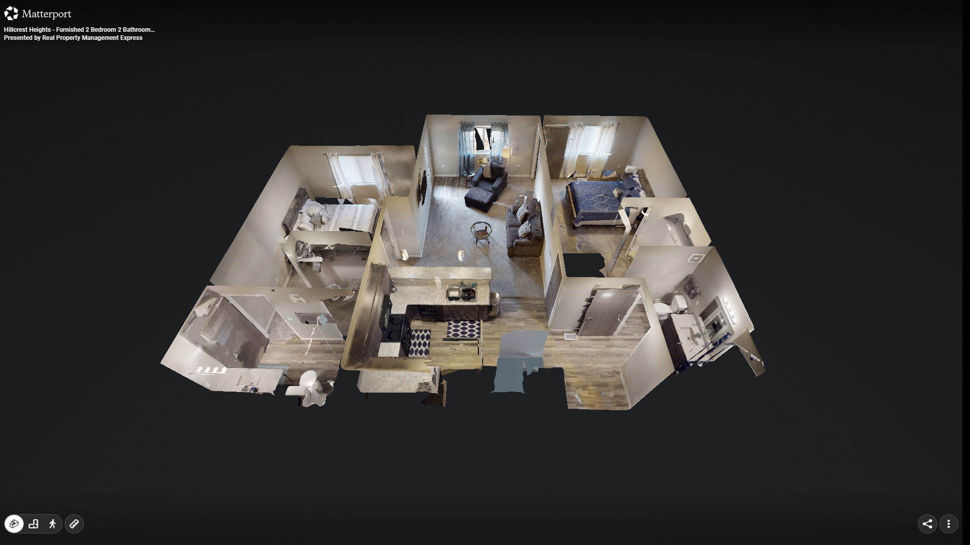 3D floor plan of a furnished two-bedroom, two-bathroom apartment with living room, kitchen, dining area, two bedrooms, bathrooms, and a laundry room.