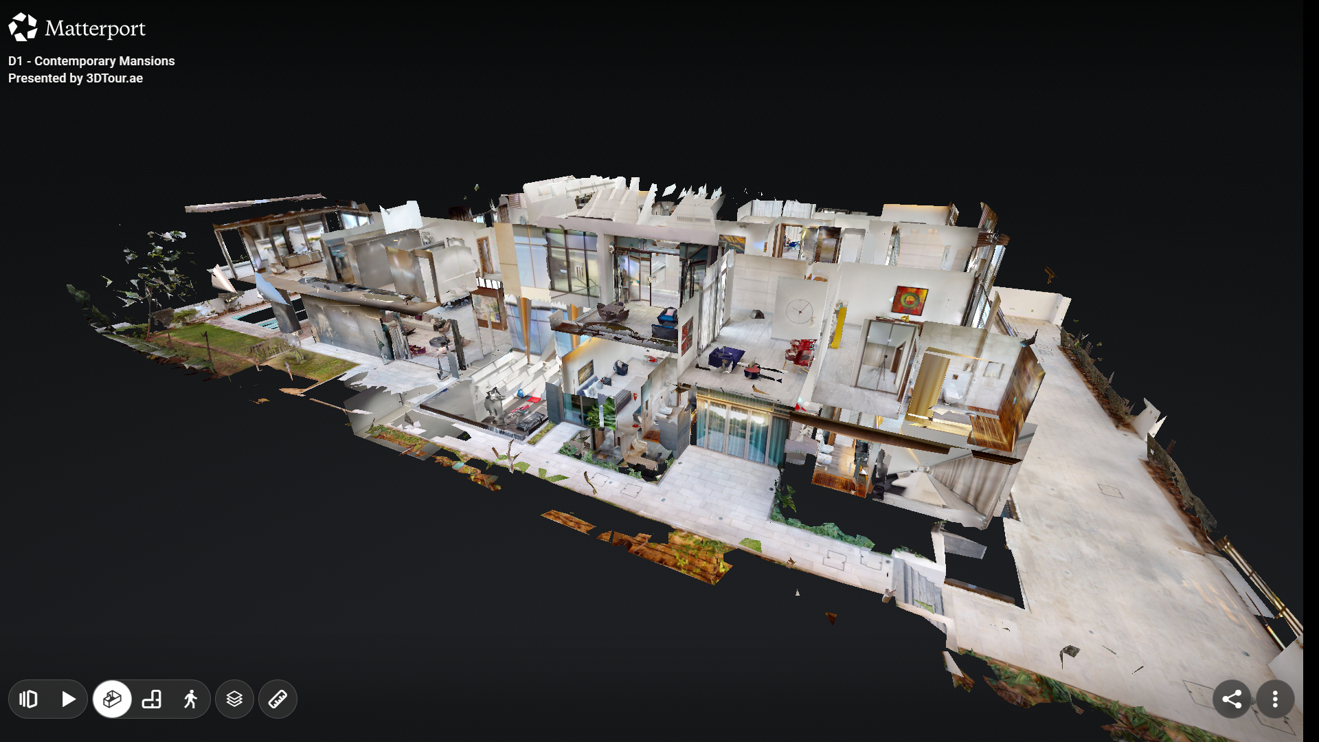 A 3D digital model of a modern, multi-story house with interior rooms, outdoor patio, and garden, created using Matterport technology.