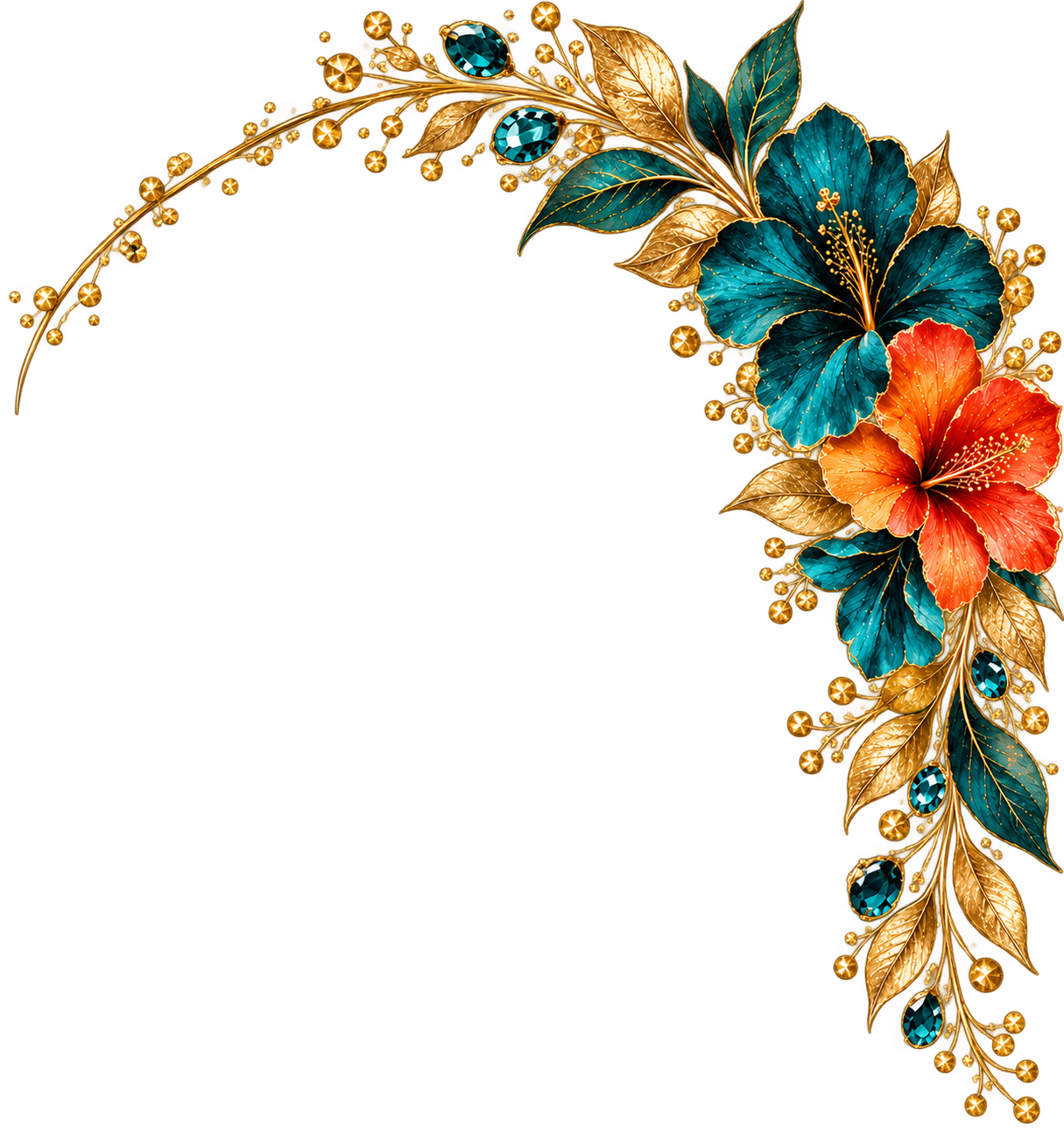 Decorative floral border with blue and orange flowers, gold leaves, and blue gemstones surrounding a blank space