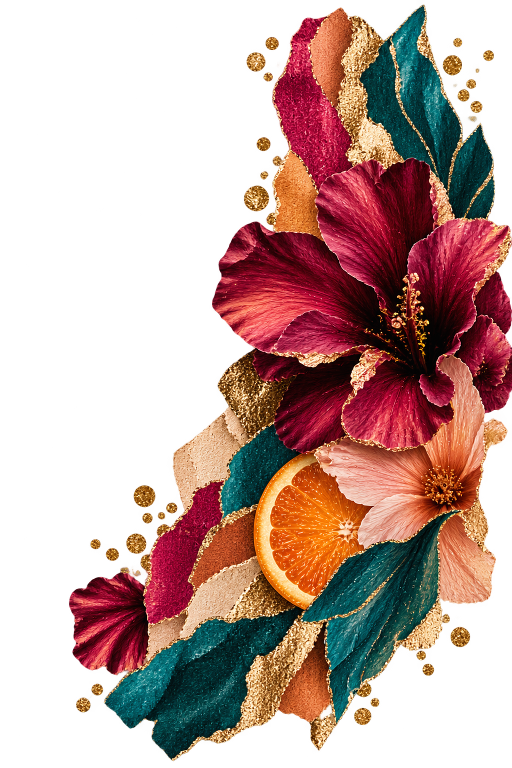 Colorful arrangement of red, pink, and teal flowers, a slice of orange, and gold accents on a dark background.