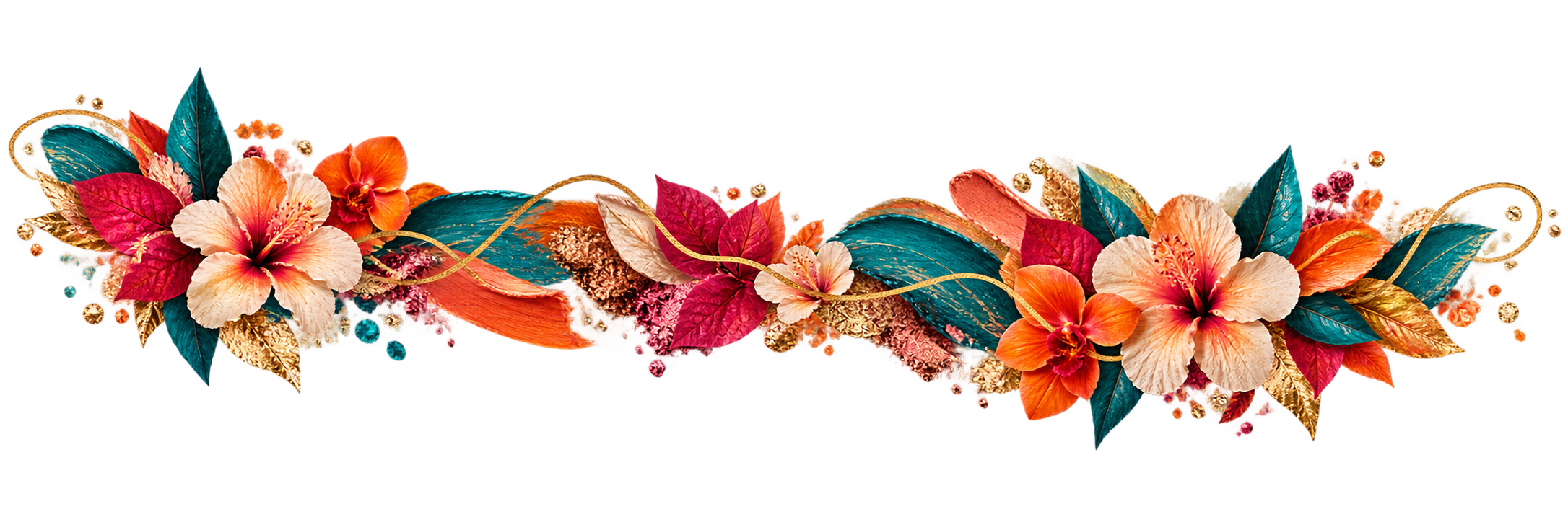 A vibrant floral horizontal banner featuring exotic flowers in shades of peach, orange, and red, with teal and gold leaves and accents.