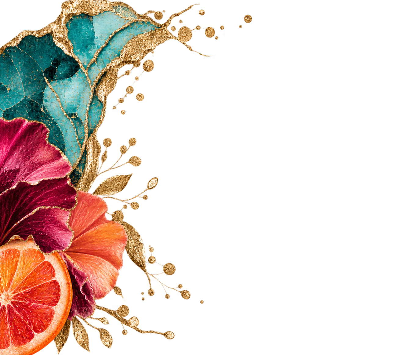 A colorful arrangement of fruits including a sliced grapefruit and other tropical fruits, decorated with blue and pink leaves and gold accents.
