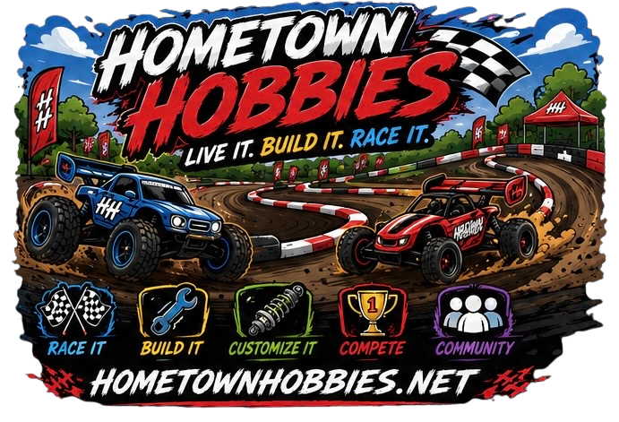 Illustration of two remote control off-road cars racing on a dirt track with a race flag, trees, and a race tent. Promotional text for Hometown Hobbies featuring options to race, build, customize, compete, and join the community, along with the website URL.