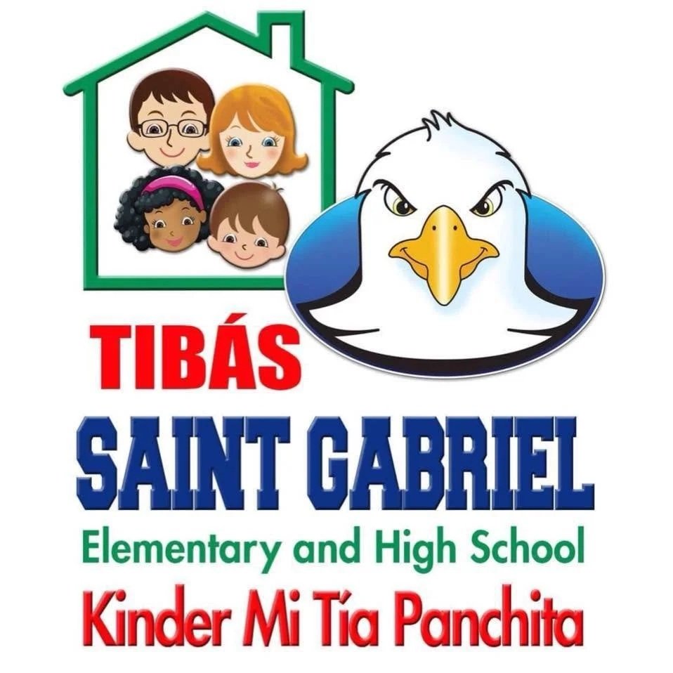 Logo featuring a house outline with four children’s faces inside, a cartoon eagle’s head, and text reading "TIBÁS SAINT GABRIEL Elementary and High School Kinder Mi Tía Panchita" in red, blue, and green.