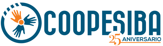 Logo for COOPESIBA celebrating its 25th anniversary, featuring interconnected hands in blue and orange inside a circle.