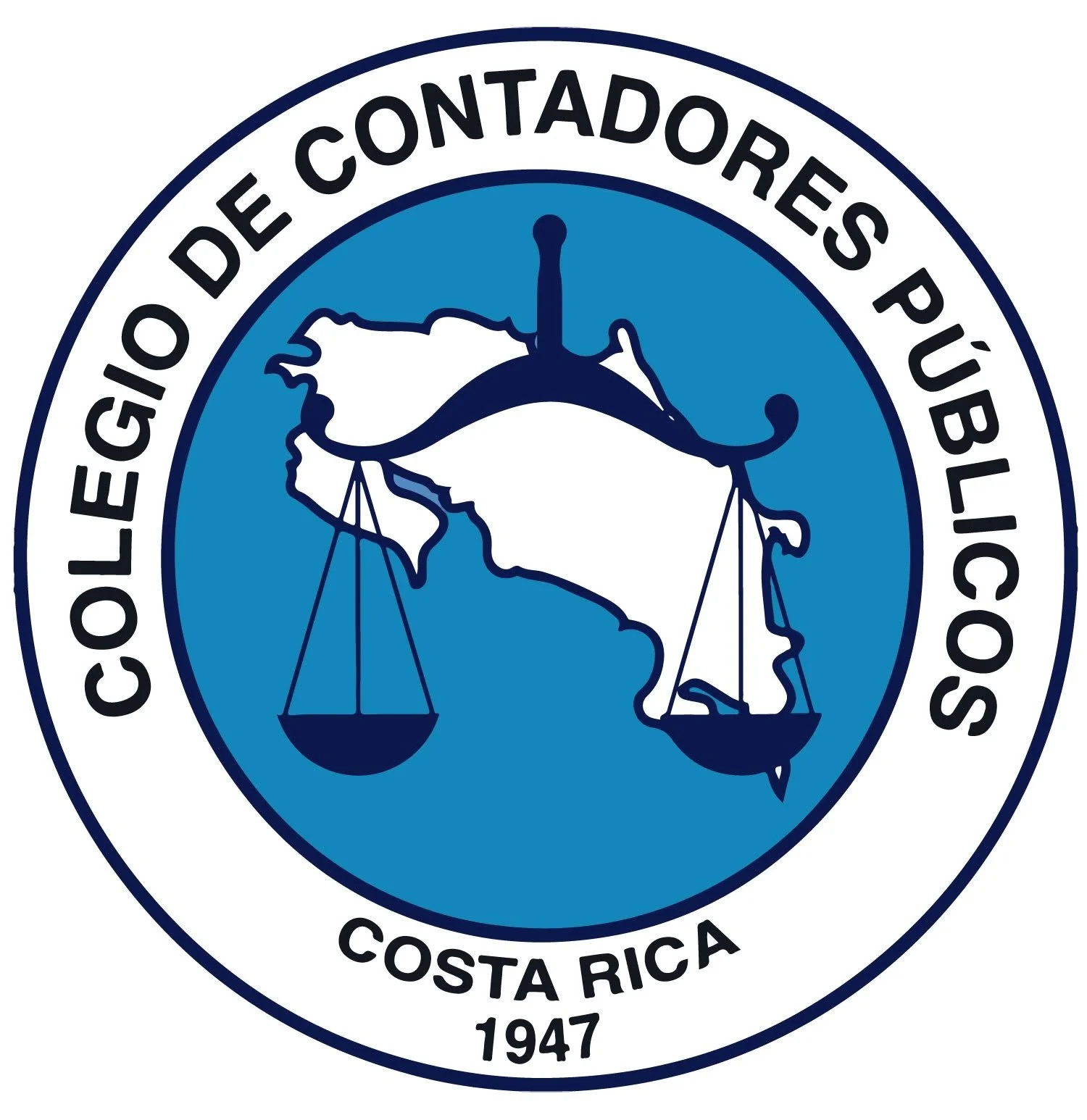 Costa Rican Comptrollers Office emblem featuring a circular logo with a map of Costa Rica, a balance scale, and a ship, with text around the circle stating 'Colegio de Contadores Públicos Costa Rica 1947'