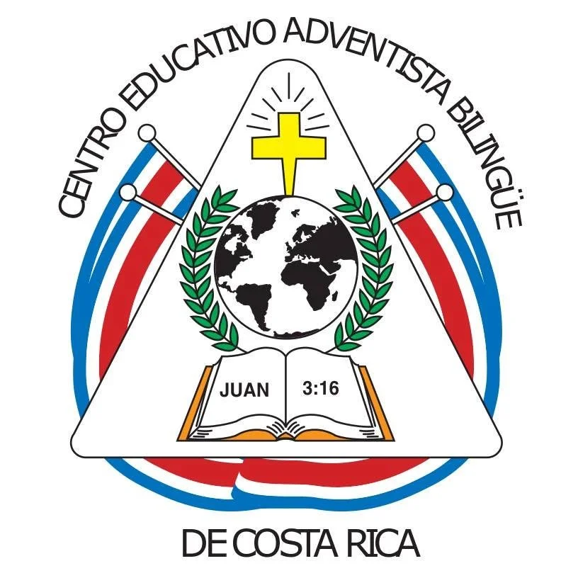 Logo of the Christian educational center in Costa Rica, featuring a globe, an open Bible with 'Juan 3:16', a yellow cross, two Costa Rican flags, and surrounding text in Spanish.