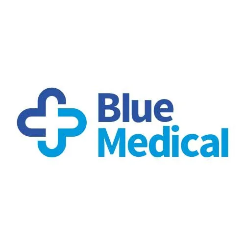 Blue Medical logo featuring a stylized cross with rounded edges in blue and white, and the words 'Blue Medical' in blue text.