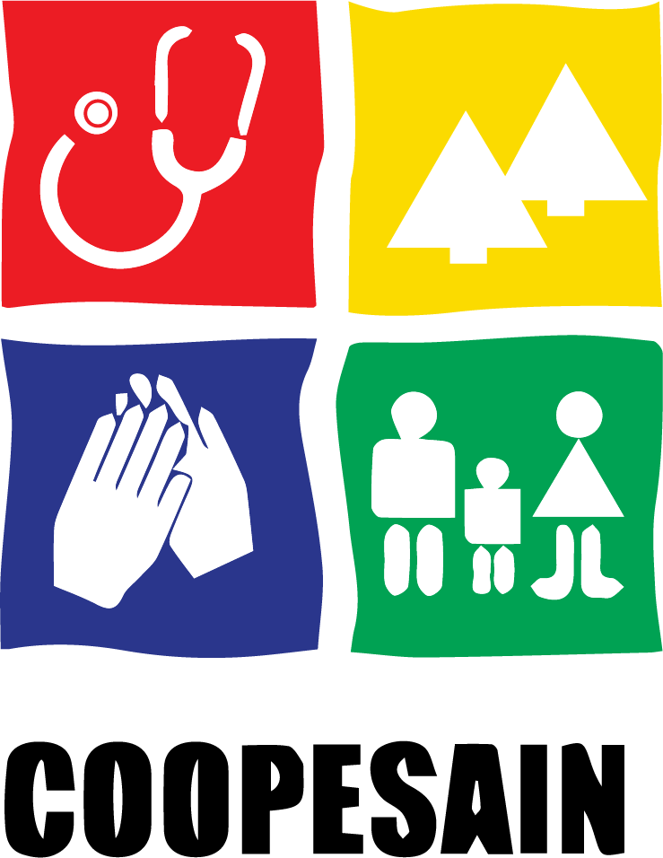 Four icons representing healthcare and outdoor activities: a stethoscope, trees, praying hands, and a family of three.