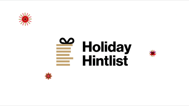 Holiday Hintlist text with a gift box illustration and decorative ornaments on a white background.