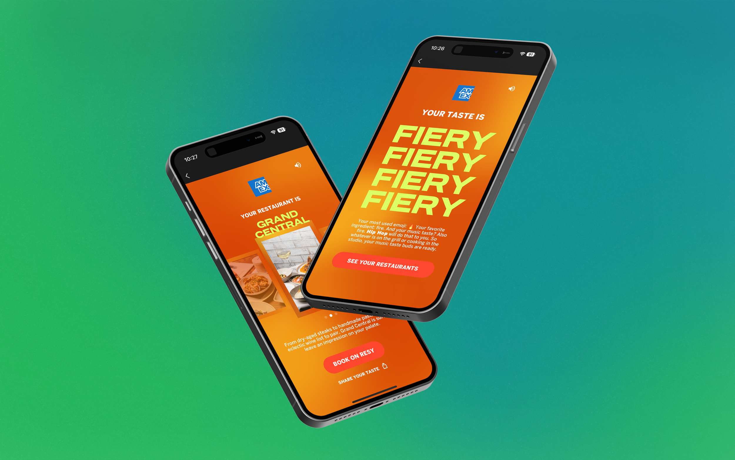 Two smartphones display the AMEX food and drink rewards app with a vibrant orange background. One phone shows restaurant options like Grand Central and a food menu, while the other emphasizes the user's favorite emoji of fire and the phrase "Your tas