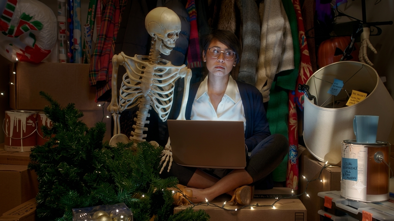 Young woman sitting cross-legged with a laptop, surrounded by clutter including a skeleton model, a small Christmas tree, storage bins, and holiday decorations in a cluttered room.