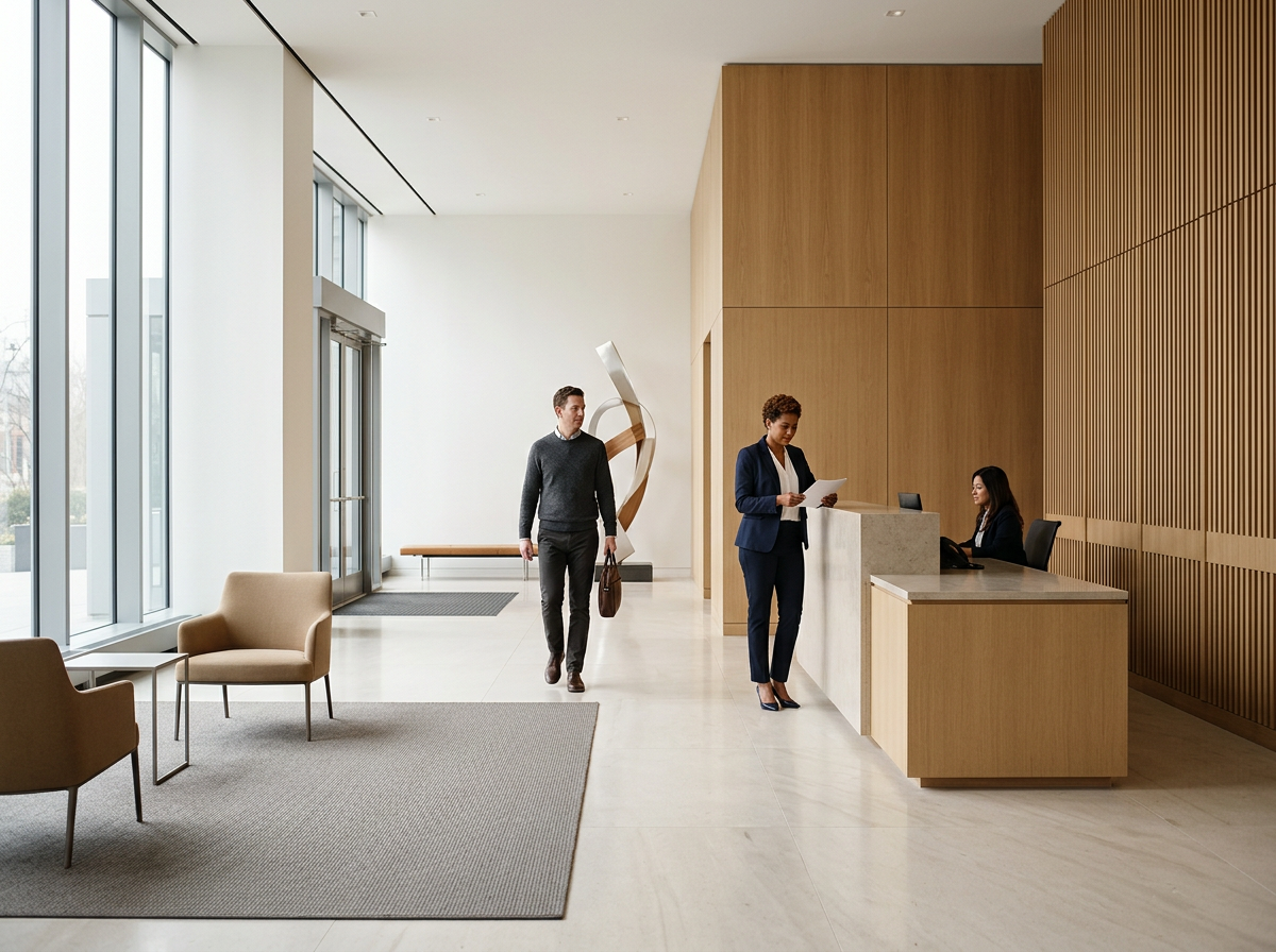Modern hotel or office lobby with a reception desk, two women and one man. The man is walking toward the reception area carrying a bag, while the women are engaged with documents and a computer at the reception desk. Large windows allow natural light into the space.
