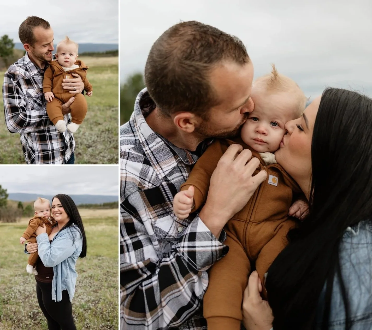 Family of three enjoying time outdoors, a man holding a baby, woman kissing the baby, in a field with mountains in the background.