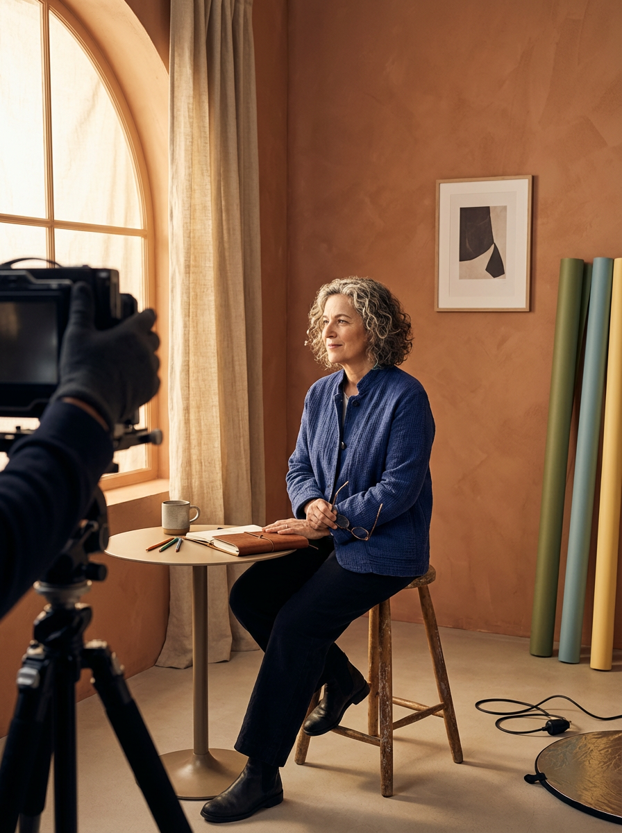 A woman with curly gray hair sitting on a wooden stool in front of a window, getting photographed or filmed. She is wearing a blue jacket, black pants, and black shoes. There is a small round table with a notebook, a mug, and a pen in front of her, and several rolls of colored paper or fabric standing against the wall. The room has beige walls with a framed black and white artwork hanging.
