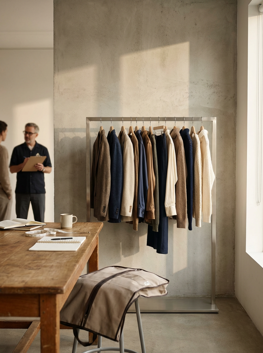 Clothing rack with various sweaters and jackets in neutral and dark colors next to a window, with a wooden table and office items nearby.