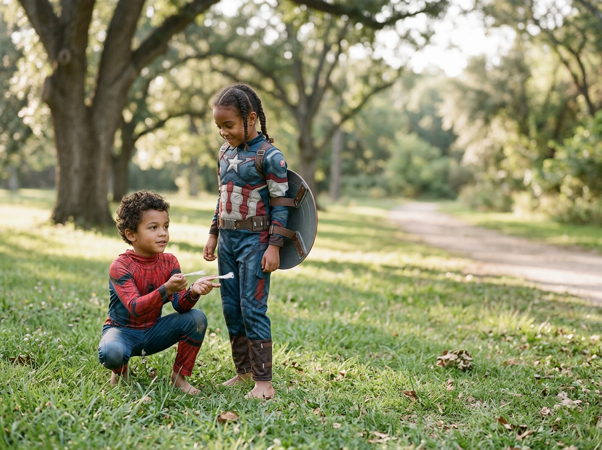 Kingdoms Celebration of Two children dressed as superheroes, one kneeling and giving a flower to the other, who is standing with a shield and a backpack, in a park with trees and a dirt path.