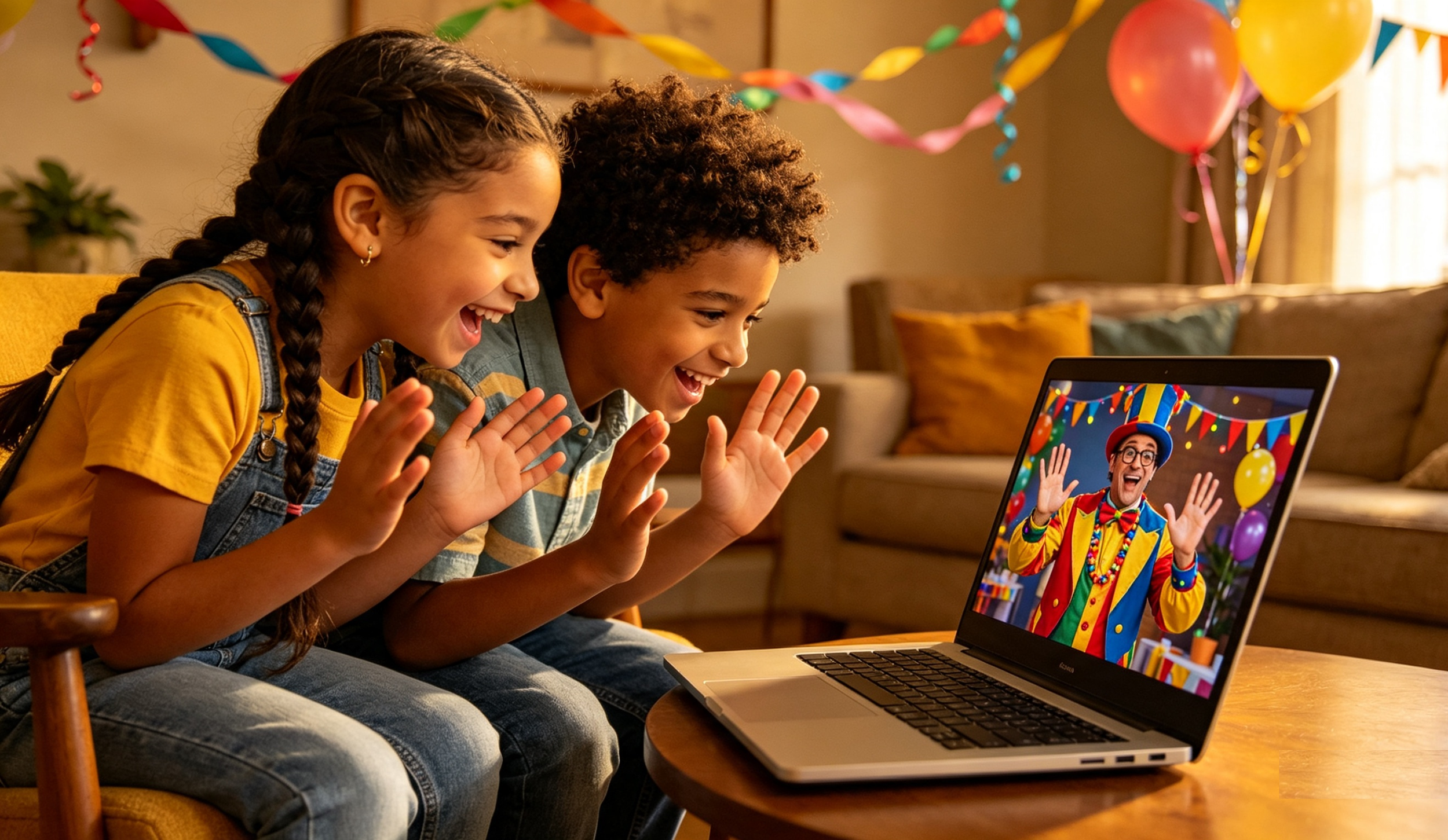 Kingdoms Celebration of Two children watching a video call of a clown on a laptop during a celebration with colorful balloons and decorations in the background.