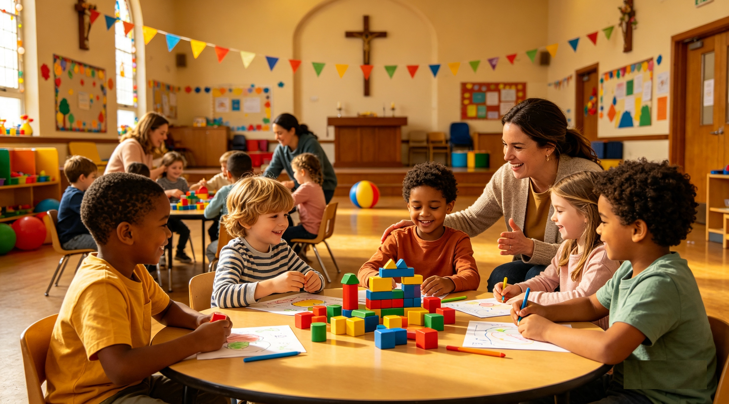 Kingdoms Celebration of a group of young children and teachers engaging in activities with colorful building blocks and drawings, decorated with colorful banners and artwork.
