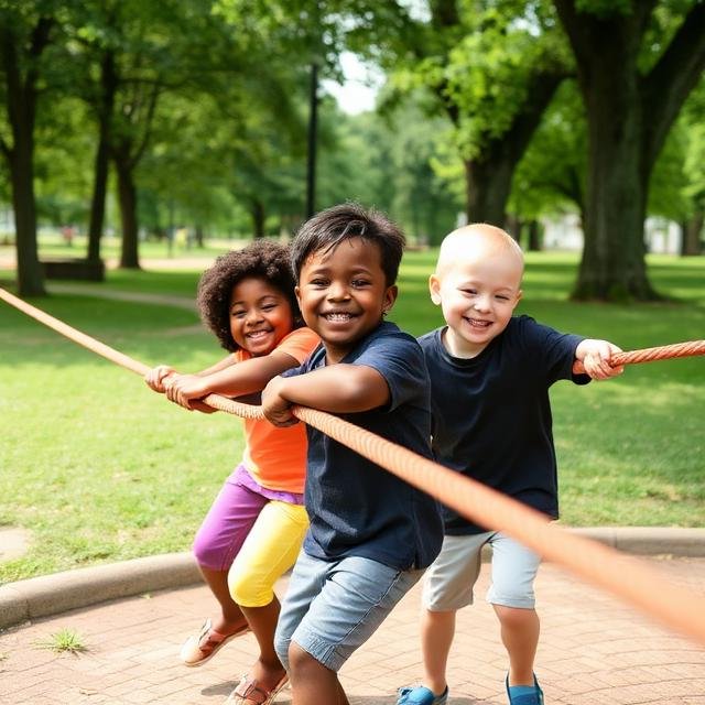 Kingdoms Celebration of Three children, two boys and a girl, playing tug-of-war with a rope in a park with green grass and trees.
