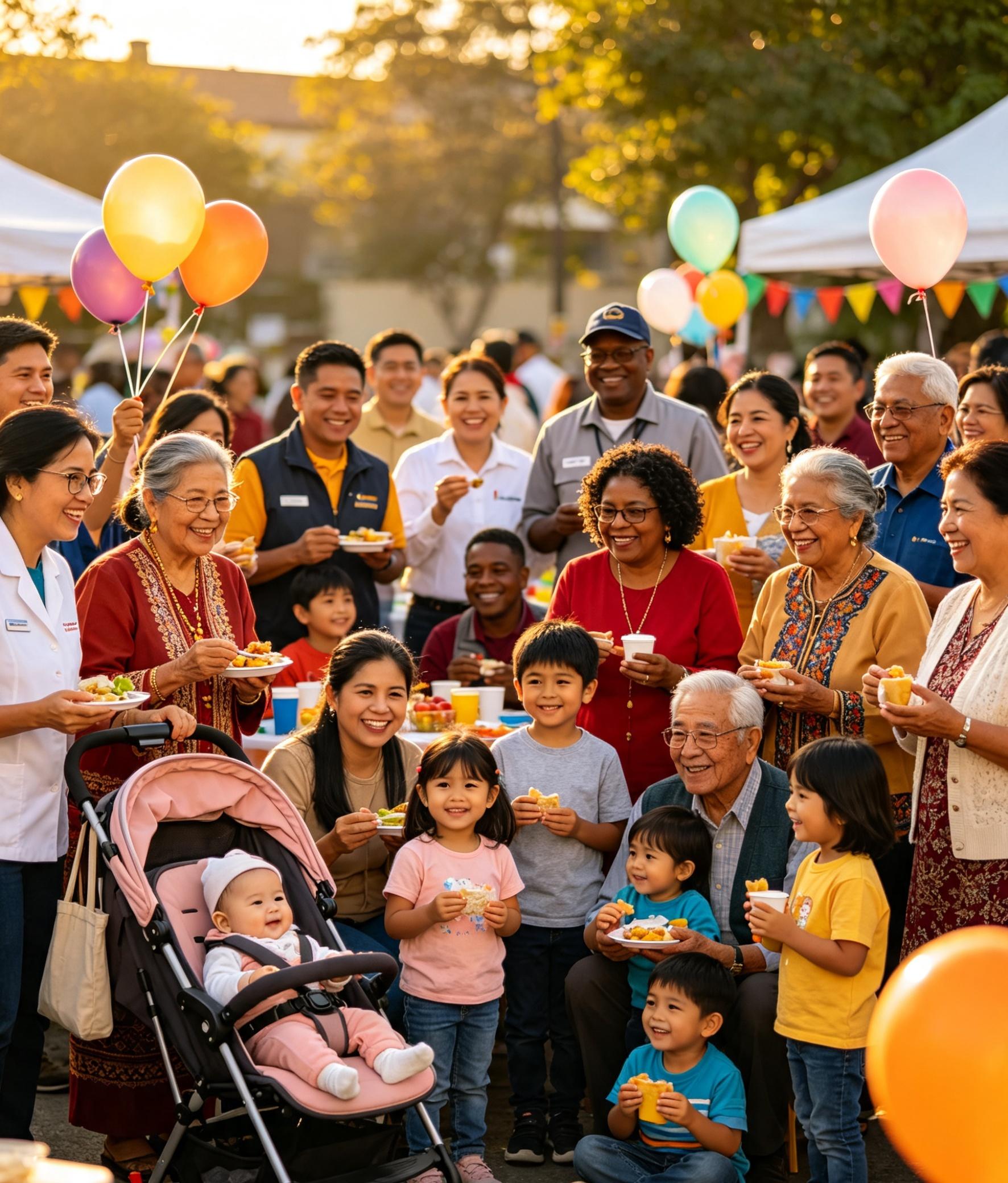 Kingdoms Celebration of people of various ages and ethnicities gathered at an outdoor celebration during sunset, smiling, holding plates of food, and balloons, with tents and colorful banners in the background.