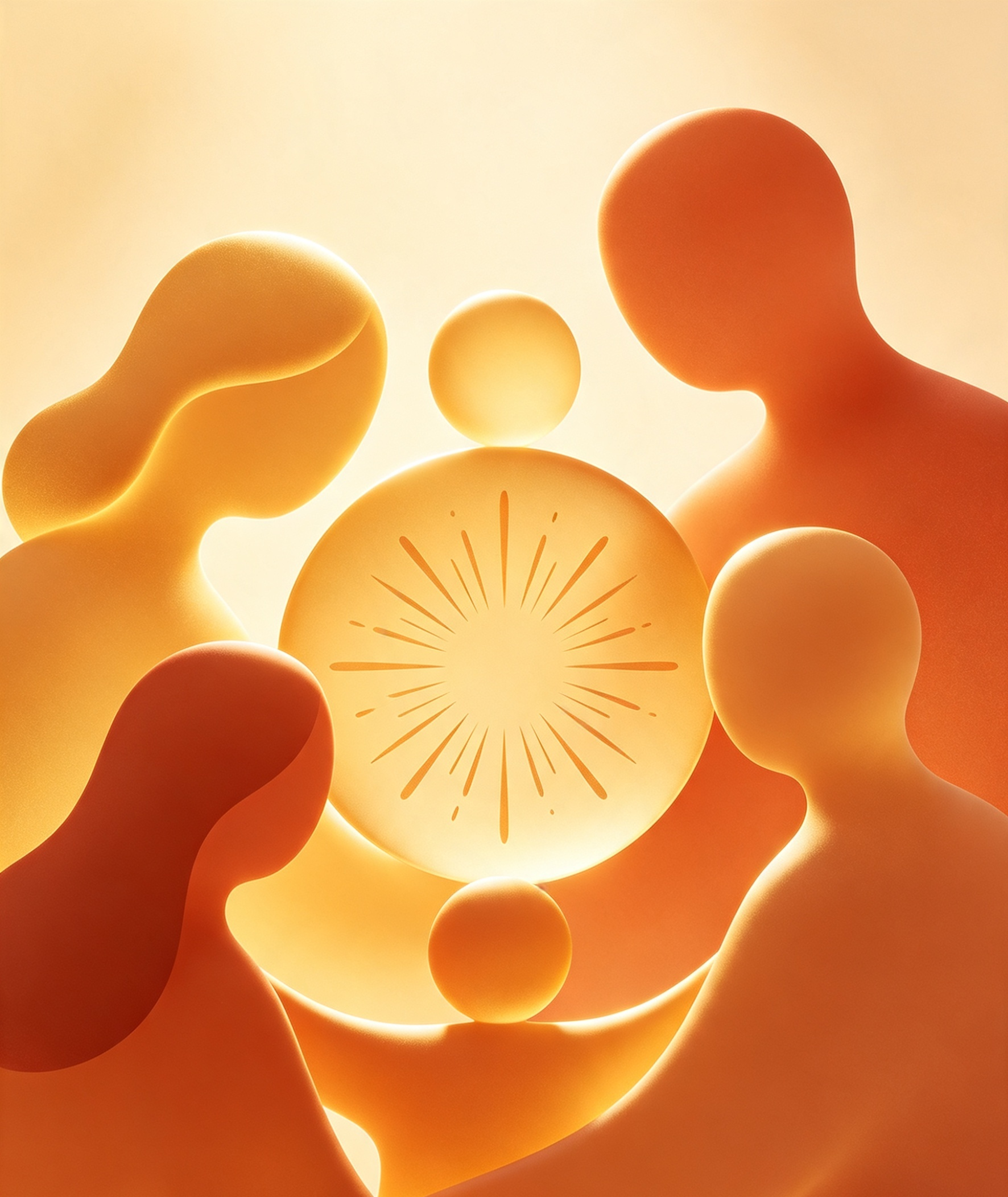 Kingdoms Celebration of Abstract digital illustration featuring various orange and yellow glowing shapes and bubbles with a central orange circle resembling a sliced fruit with radiating lines.