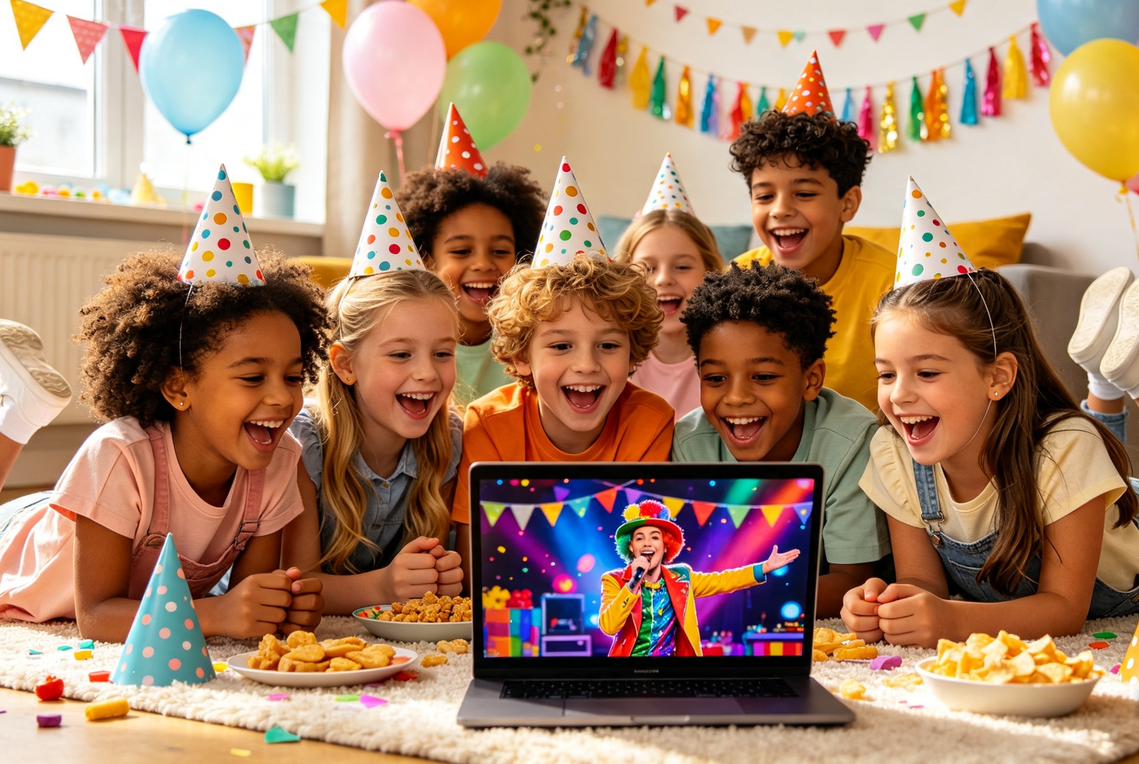 Kingdoms Celebration of Children wearing birthday hats gathered around a laptop with a clown performing on the screen, celebrating a birthday party with balloons, colorful banners, and snacks.