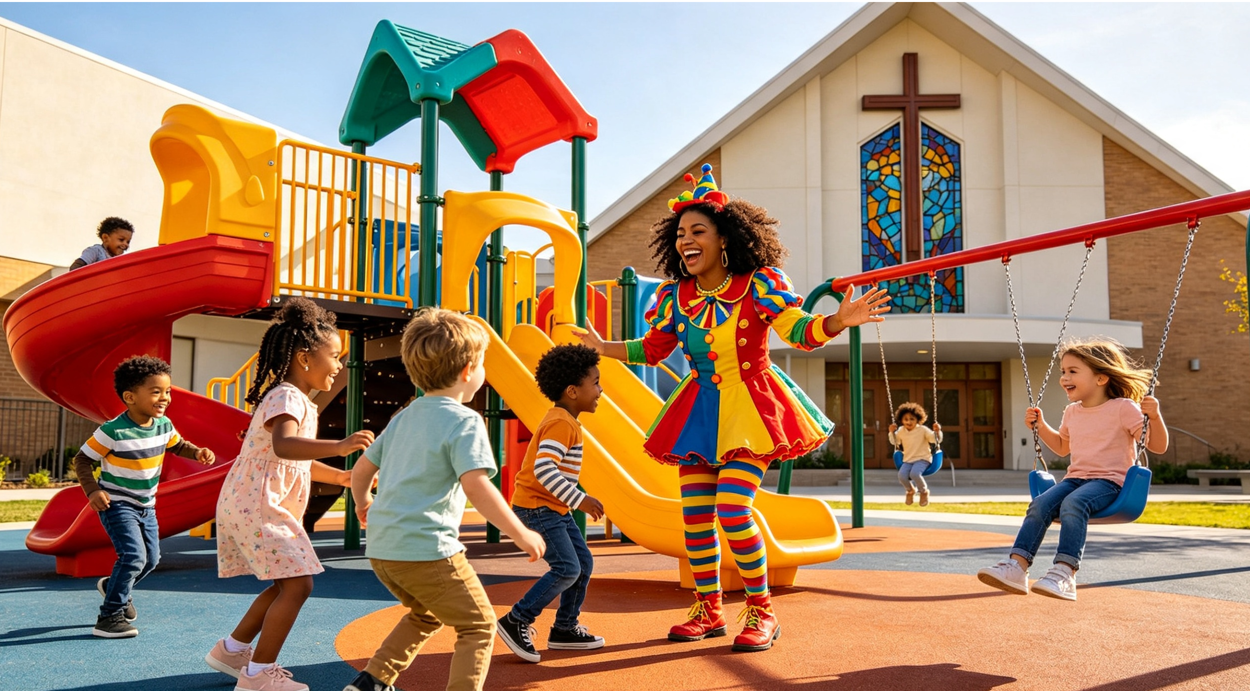 Kingdoms Celebration of Children playing on a playground outside a church, with a clown entertaining them, some children on swings, and a church building with stained glass windows in the background.